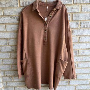 Free People Long Sleeve Willow Antique Oak Polo Knit Tunic Women's Size L
